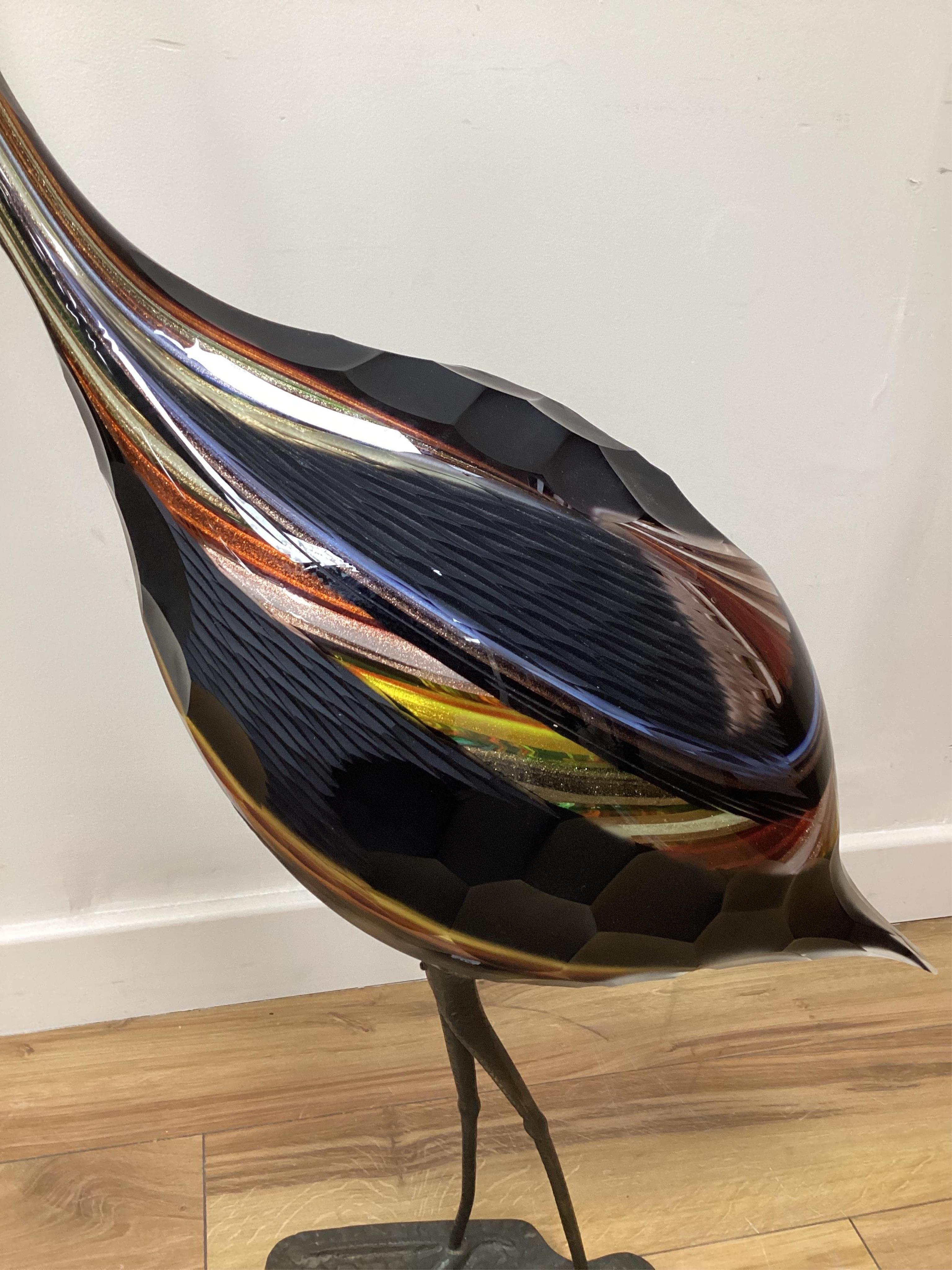 A large Murano glass model of an emu on stand, 97cm in length